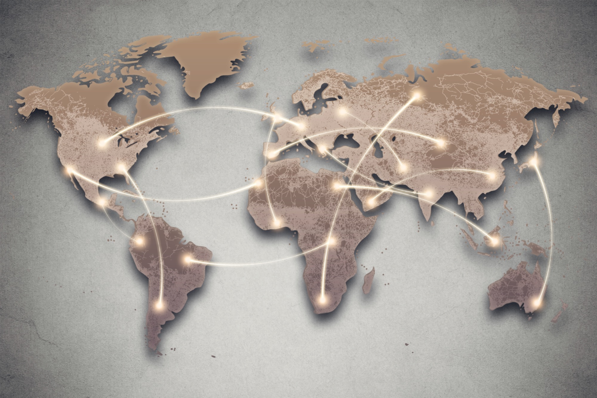 World map with lines connecting the continents