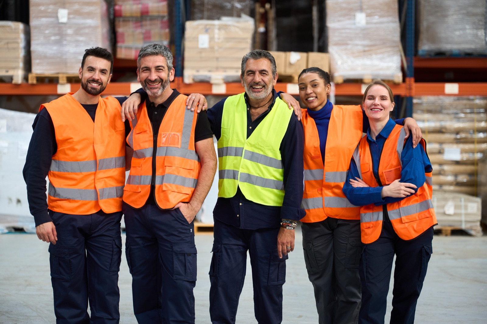 Five people in high-visibility vests standing in front of pallet racking in a warehouse