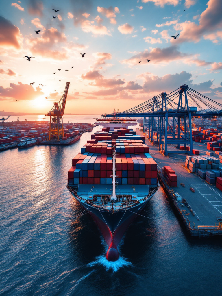 Beladenes Containerschiff in einem Hafen mit Containerbrücken